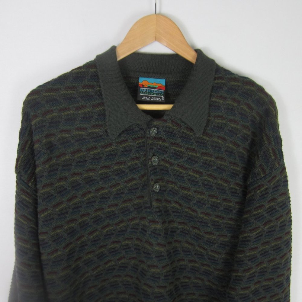 Vtg Far Horizons Mens XL Gray Multicolor Coogi Style Wool Collared Sweater